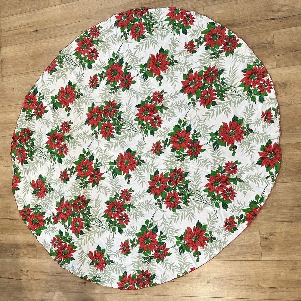 VTG Poinsettia‎ Holly Christmas Tablecloth Round 61